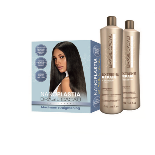 Brasil Cacau Nanoplastia 300ml Kit with Bonus 1 Litre Extreme Repair Shampoo & Conditioner